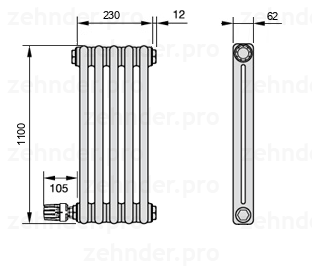 Схема (чертеж) Радиатор Zehnder Charleston 2110/5 №V003 Белый глянцевый RAL 9016